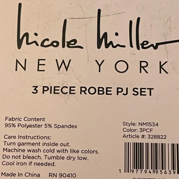 NWT Women’s 3pc Pajama Set Pants, Top & Robe lt Green w/White Nicole Miller NY - Picture 4 of 4